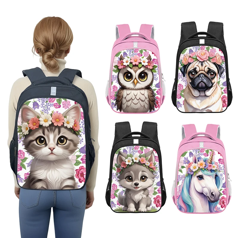 

Cute Flower Unicorn Backpack Cartoon Crown Cat Dog Owl Wolf Children School Bags Boys Girls Outdoor Travel Backpack Storage Bag