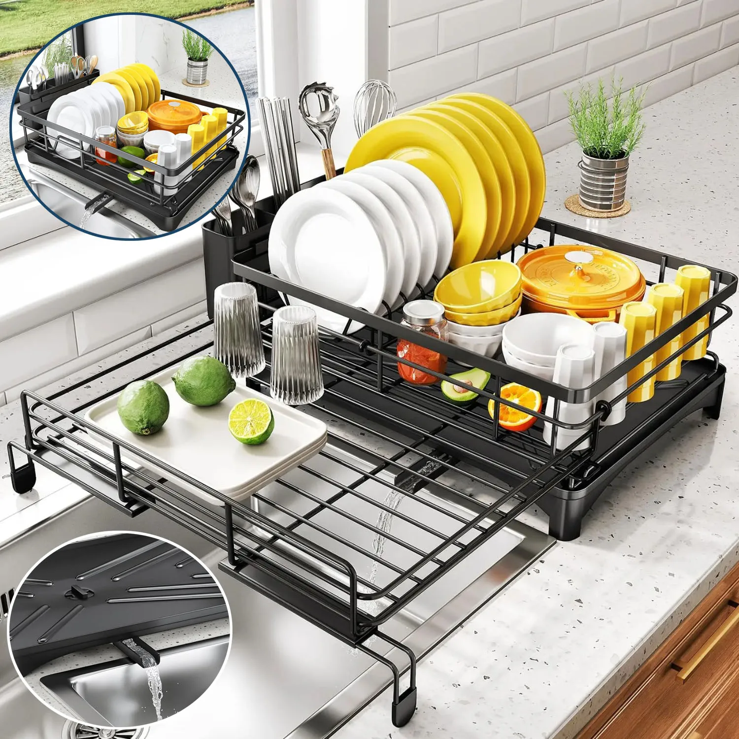 

1PC Dish Drying Rack for Kitchen Counter Large Dish Rack with Drainboard Rustproof Dish Drainer with Utensil Holder for Sink