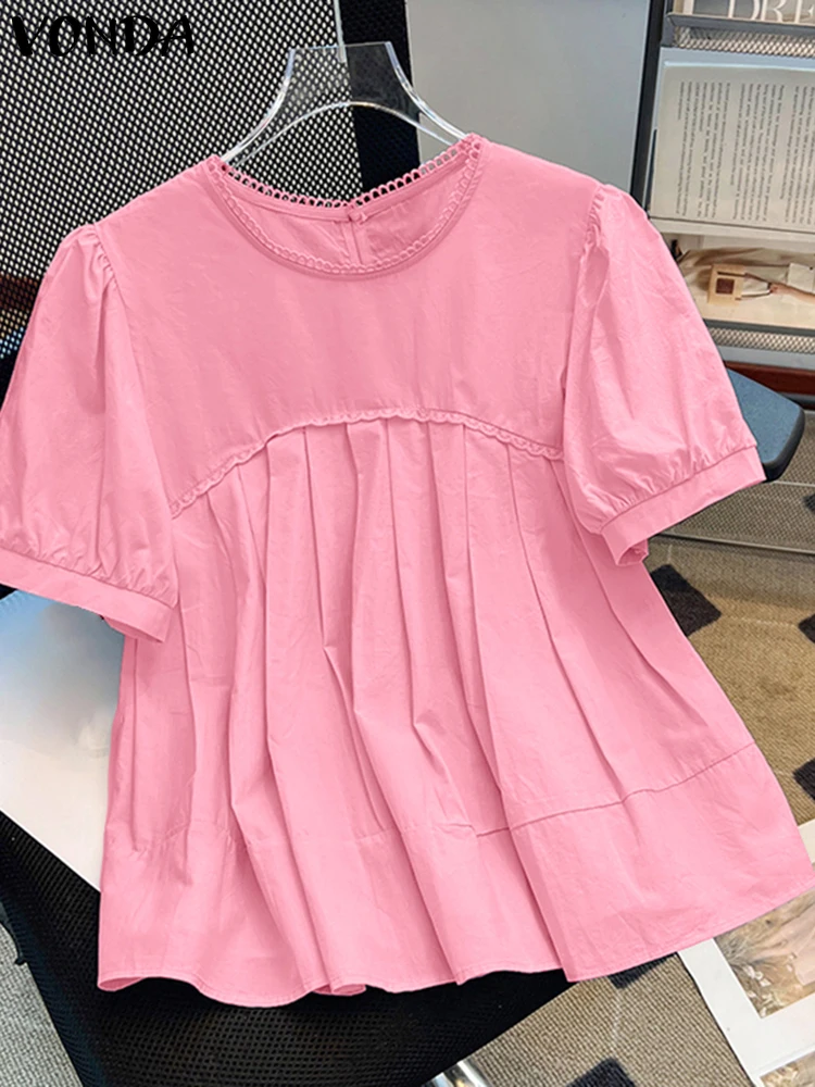 

VONDA 2025 Summer Solid Color Tops Women Blouses O Neck Blusas Casual OL Work Tunic Short Sleeve Vintage Pleated Pullover