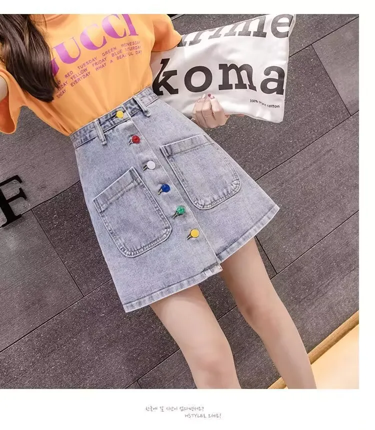ارتفاع الخصر ألف خط الدنيم السراويل الربيع الصيف النساء حزمة الورك تنورة طالب الكورية نمط زر الموضة مطوي تنورة