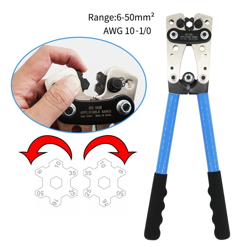 

HX-50B Crimping Plier Large Naked Terminal Wire Cutters 6-50mm AWG 1-10 Cat Auto Copper Ring Bare Cable Pliers Crimping Tool