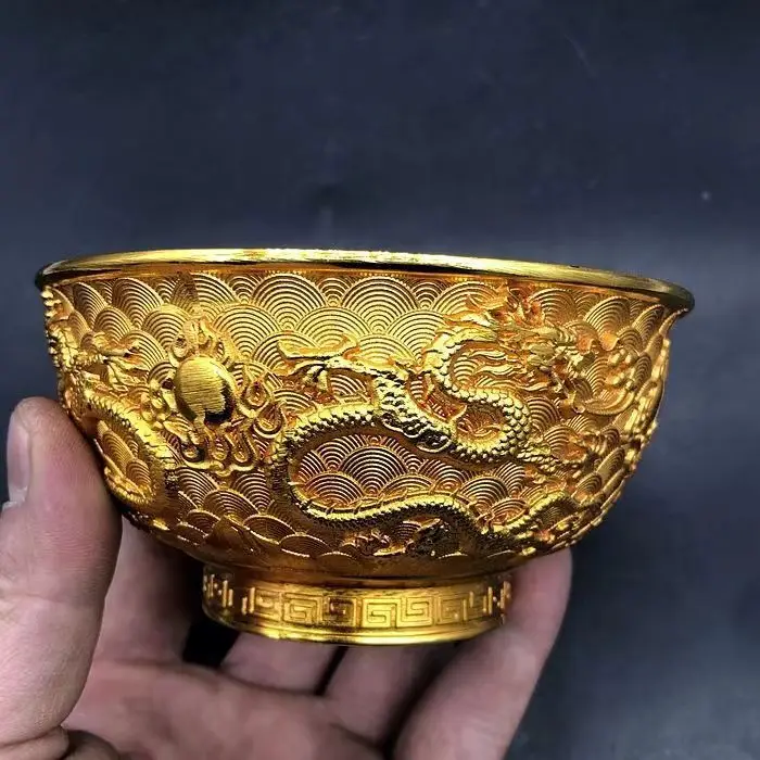Qianlong Mark Gold Gilded Bronze Dragon Bowl Antique Collectible Home Decor Statue