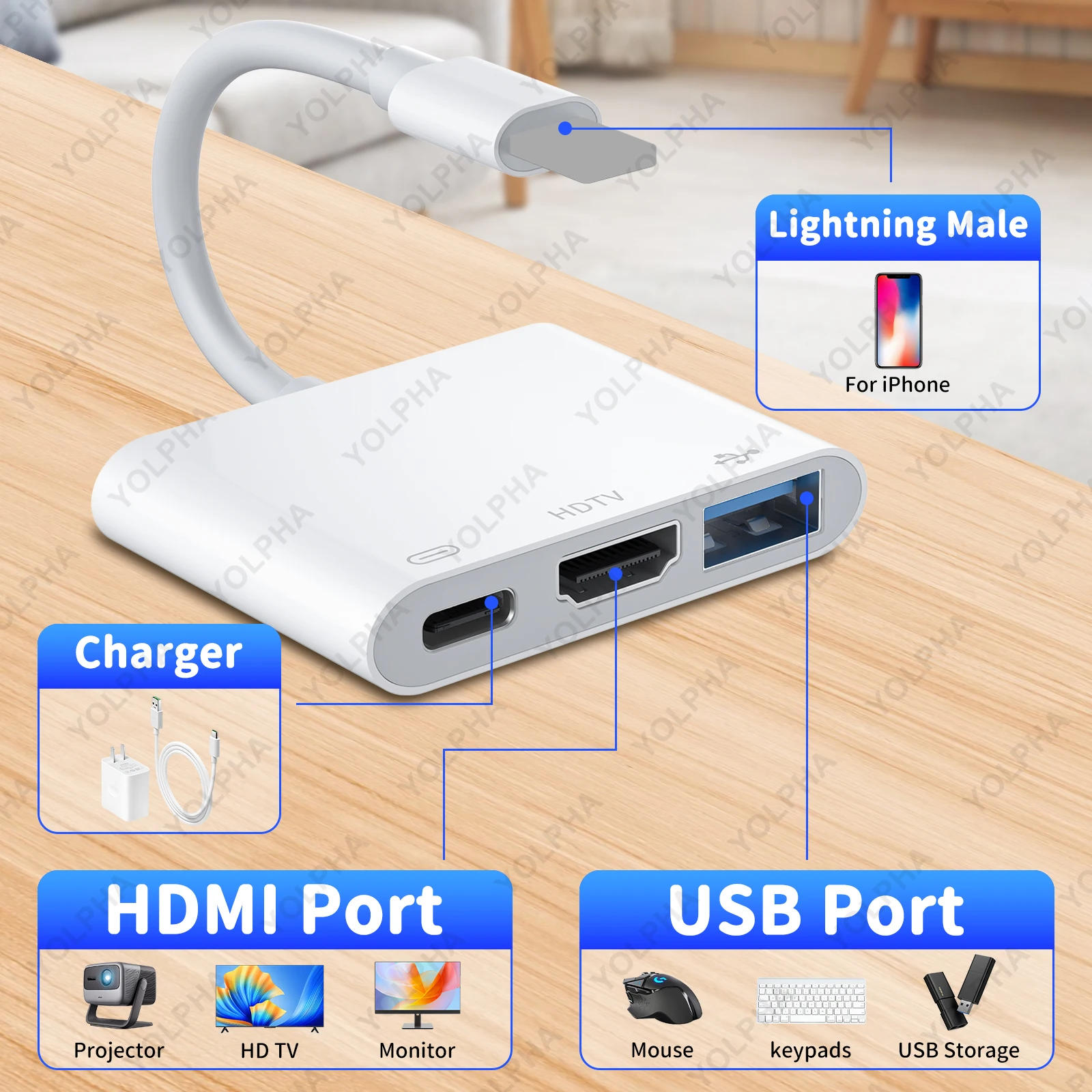 Multi-Port HDMI Adapter for iPhone HDTV Charging Converter OTG Adapter for Meeting Movie Gaming Projector Video Cable Adapter