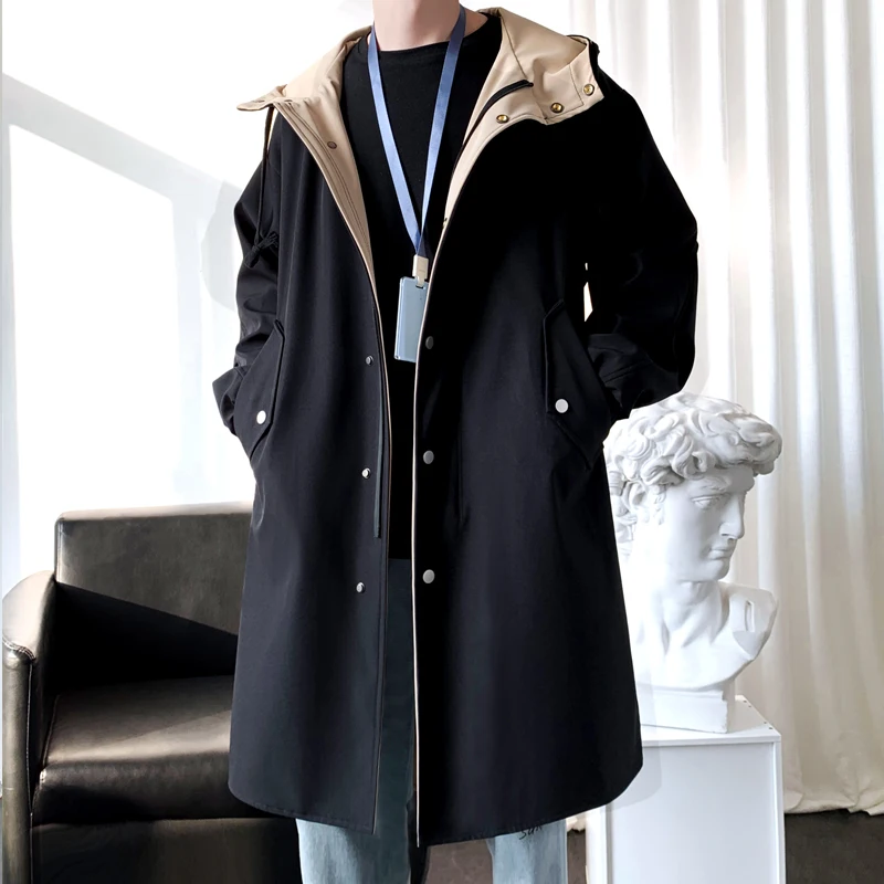 Trench Men Fashion Turn Down Collar Hooded Trenchcoat Autumn Single-breasted Loose Windbreaker Casual Overcoat Fake Two Piece