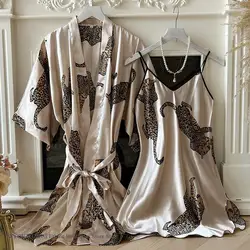 Sexy Leopard Female Twinset Robe Set Nightgown Spring Summer New Sleepwear Intimate Lingerie Loose Satin Bathrobe Home Wear