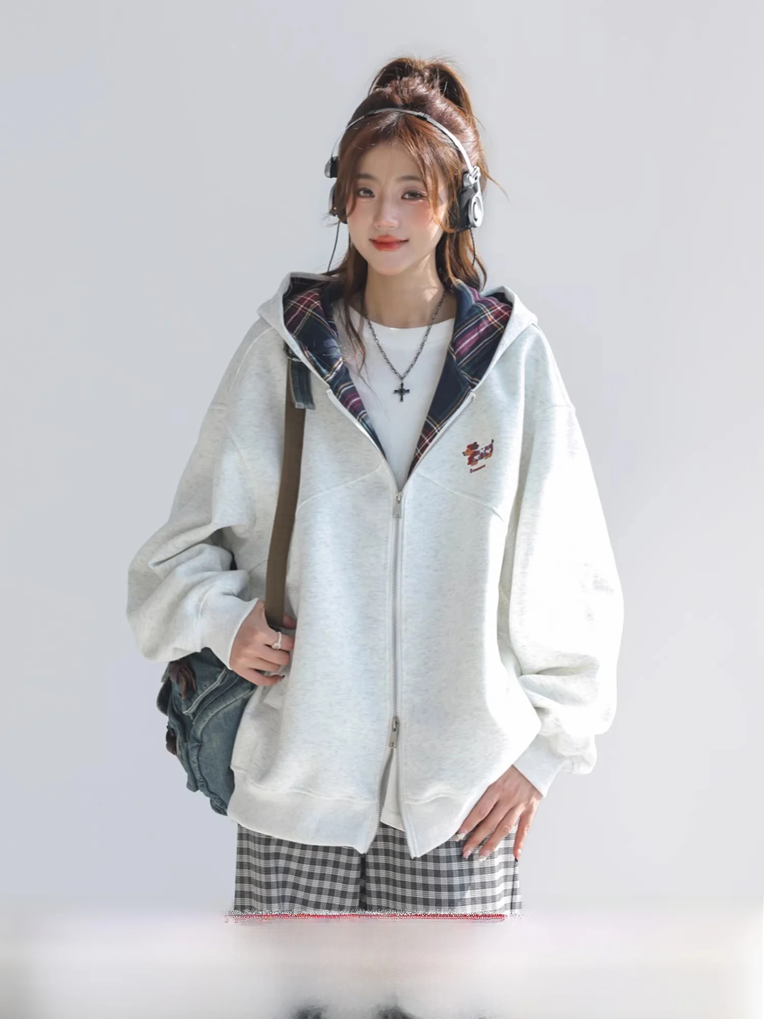 

Korean Plaid Splicing Sausage Dog Embroidery Sweatirt Jaet Women's Small Size Double Zipper Open Cardigan Loose Fit Cotto...