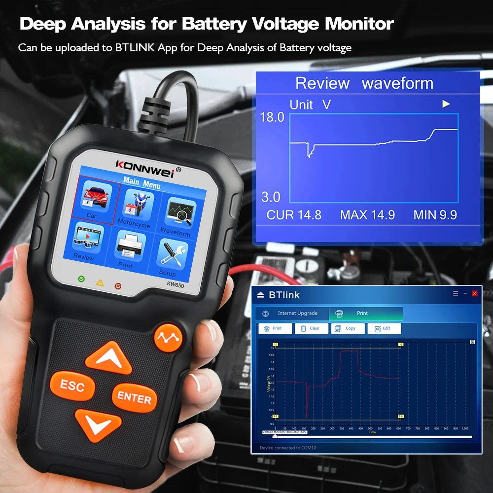 KONNWEI KW650 Car Battery Tester 12V 6V Battery System Analyzer Moto Circuit Voltage Tester 100-2000CCA Charging Test Tools