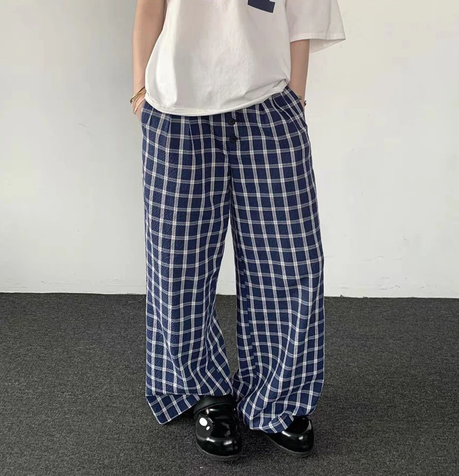 Kobiety Plaid Blue Straight Long Pant Summer High Waist Buttons Pockets Loose Trousers Casual Harajuku Streetwear Baggy Pants Y2k