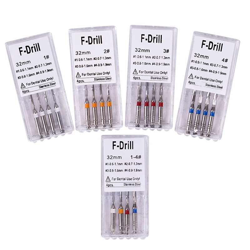 4pcs/box Dental Drills for Fiber Post Engine Use Stainless Steel Endodontic Root Canal Files F Drills Dentistry Materials