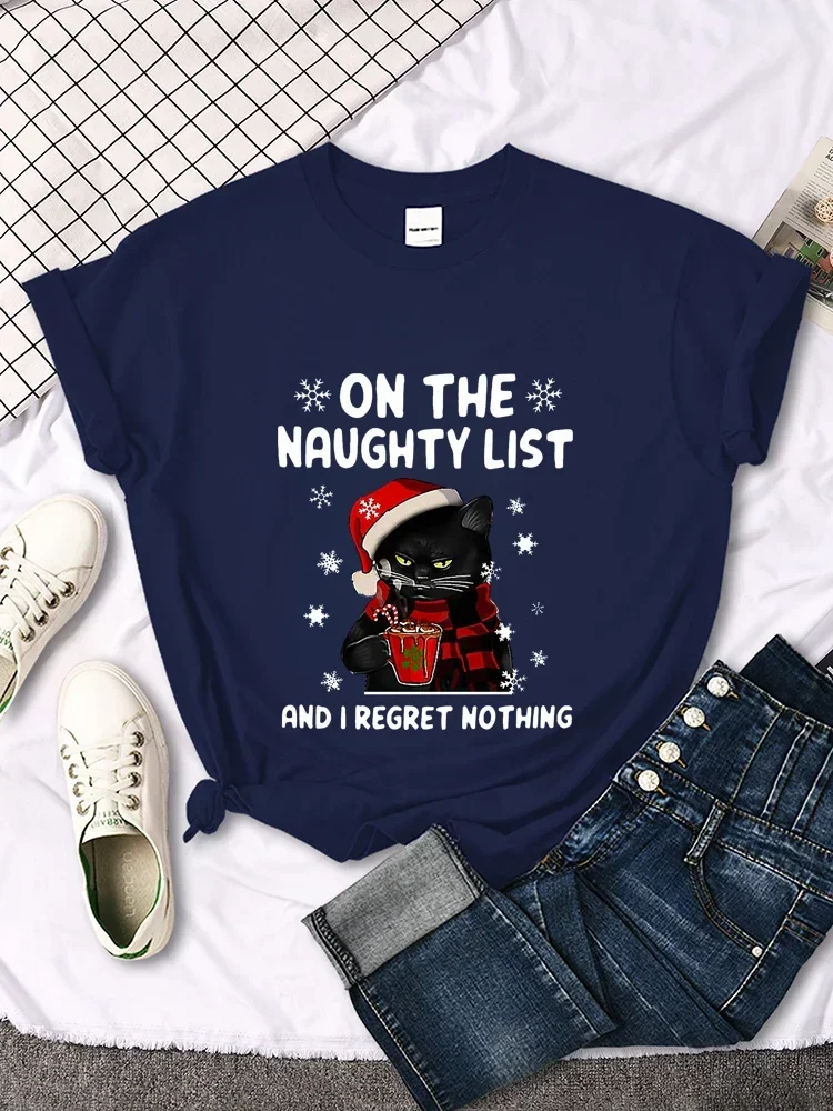 CHRISTMAS Female T-Shirts SANTA CAT ON THE NAUGHTY LIST AND I REGRET NOTHING Fashion Tee Clothing Harajuku Women Tops