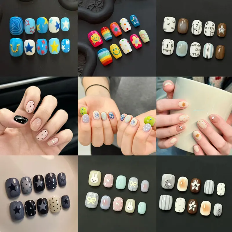 10Pcs Candy Colors Women & Girls Fake Nails Trend Cute Polka Dot and Star Press-on Nail Short Oval Square False Nail Art