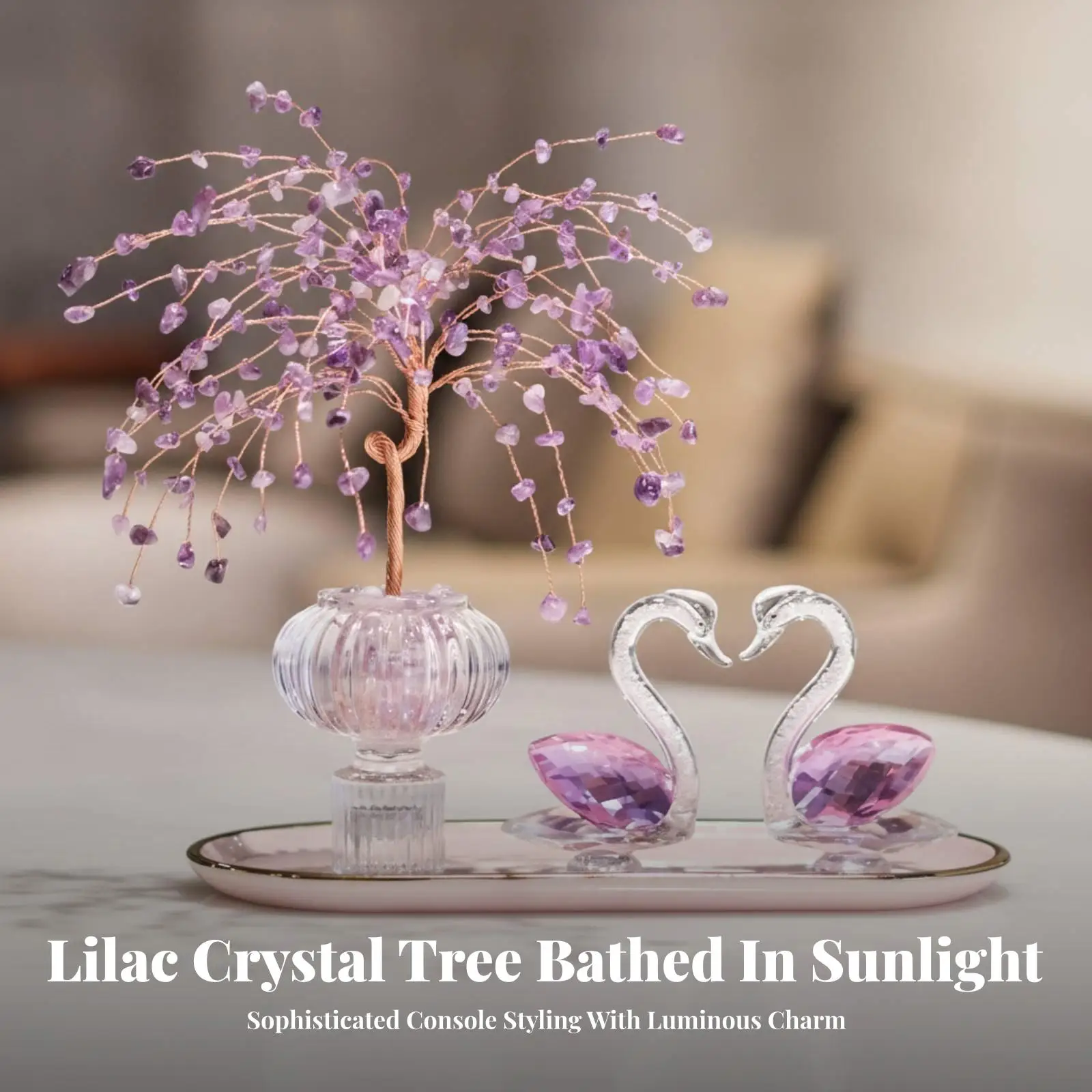 3 Pieces Crystal Tree with Swan Figurines Elegant Decorative Crystal Tree Set Swan Figurine Sparkling Tabletop Centerpiece