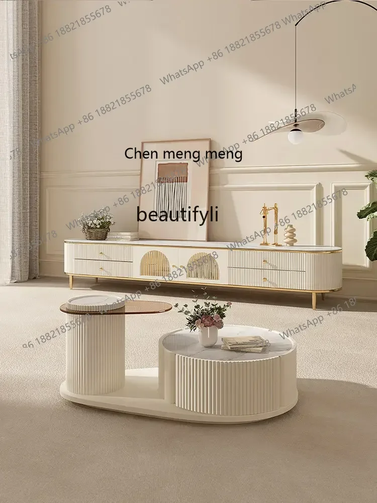 ss 8350  Stone Plate round Tea Table Minimalist Living Room Home Tea Table Small Apartment Cream TV Cabinet Unit