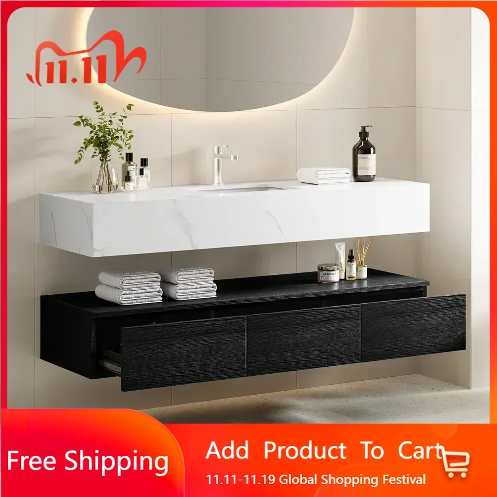 

60 Inch Floating Vanity Bathroom Wall Mounted Bathroom Storage Cabinet Single Integrated Set ,Bathroom Vanity Sink Set