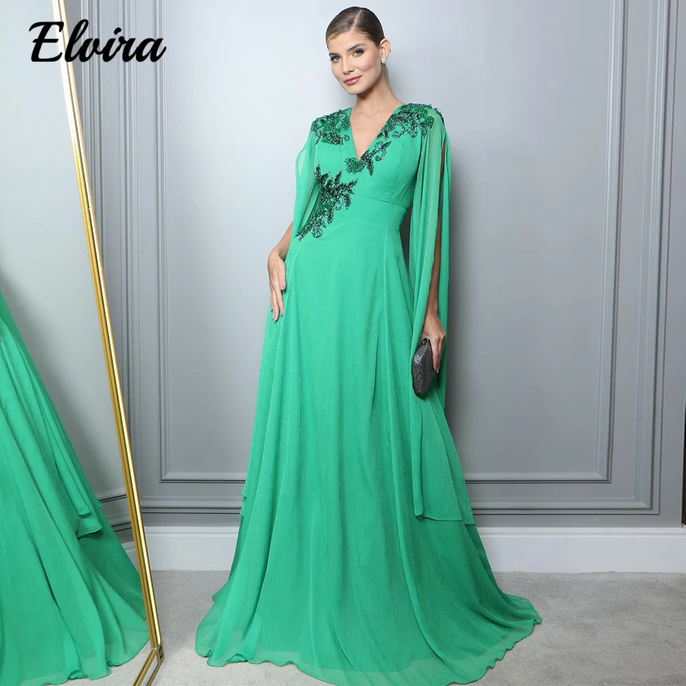 Customized Green Chiffon Prom Dress for Woman Formal A Line Appliques V Neck Evening Gowns with Ribbons Special Occasion  Custom