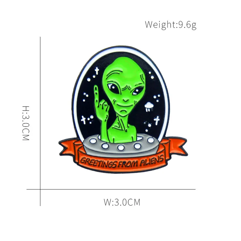 GREETINGS FROM ALIENS Enamel Pins UFO spaceship Planet Green Alien Brooches Space Universe Cosmic Life Badges Jewelry Wholesale