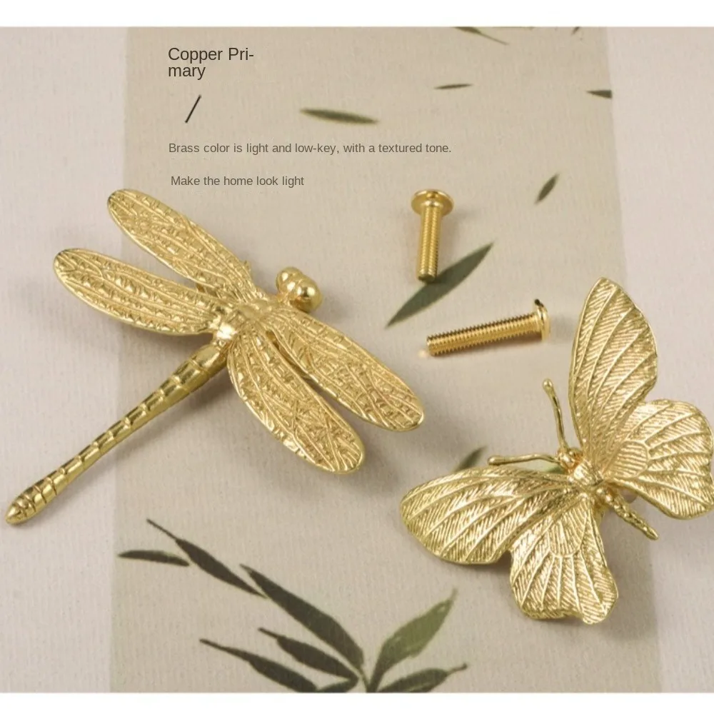 Retro Butterfly/Dragonfly Brass Handle Vintage Furniture Hardware Cabinet Door Knobs Push-pull Single Hole Wardrobe Drawer Pulls