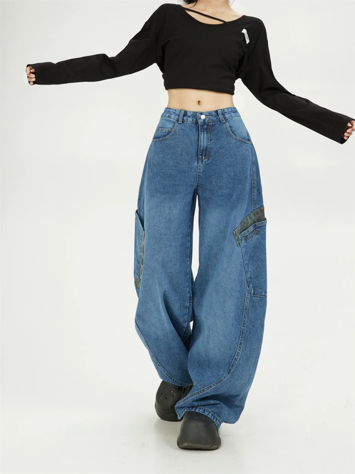 High Waist American High Street Vibe Patchwork Loose Women's Jeans Trendy Wide Leg Pants Comfortable Fit All Seasons