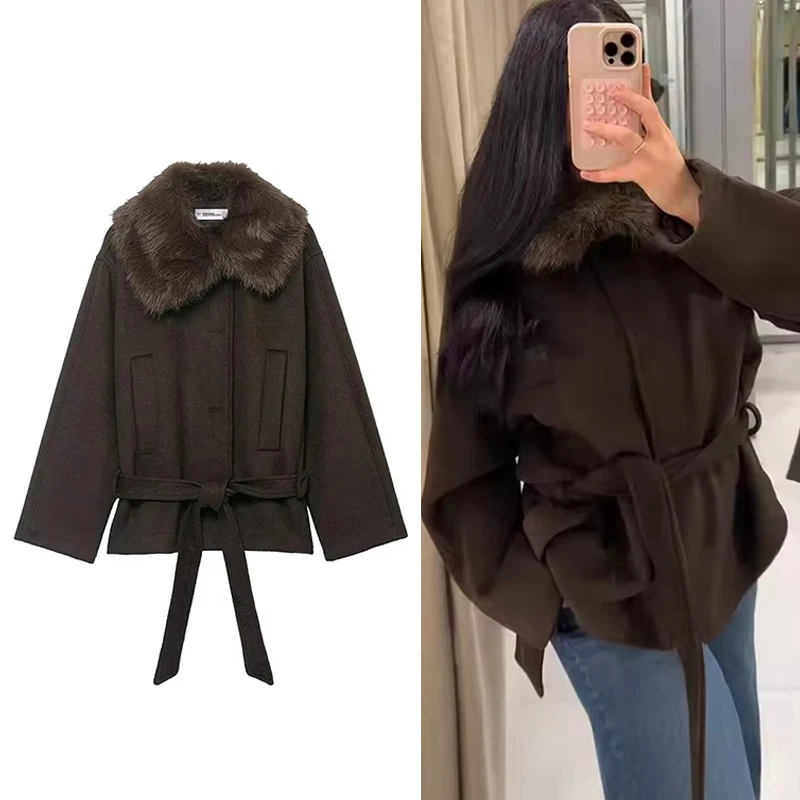 

Women's Jacket Autumn Winter 2025 New Fashion Faux Fur Lapel Jackets Women Coat Casual Long Sleeve Belt New Outerwear