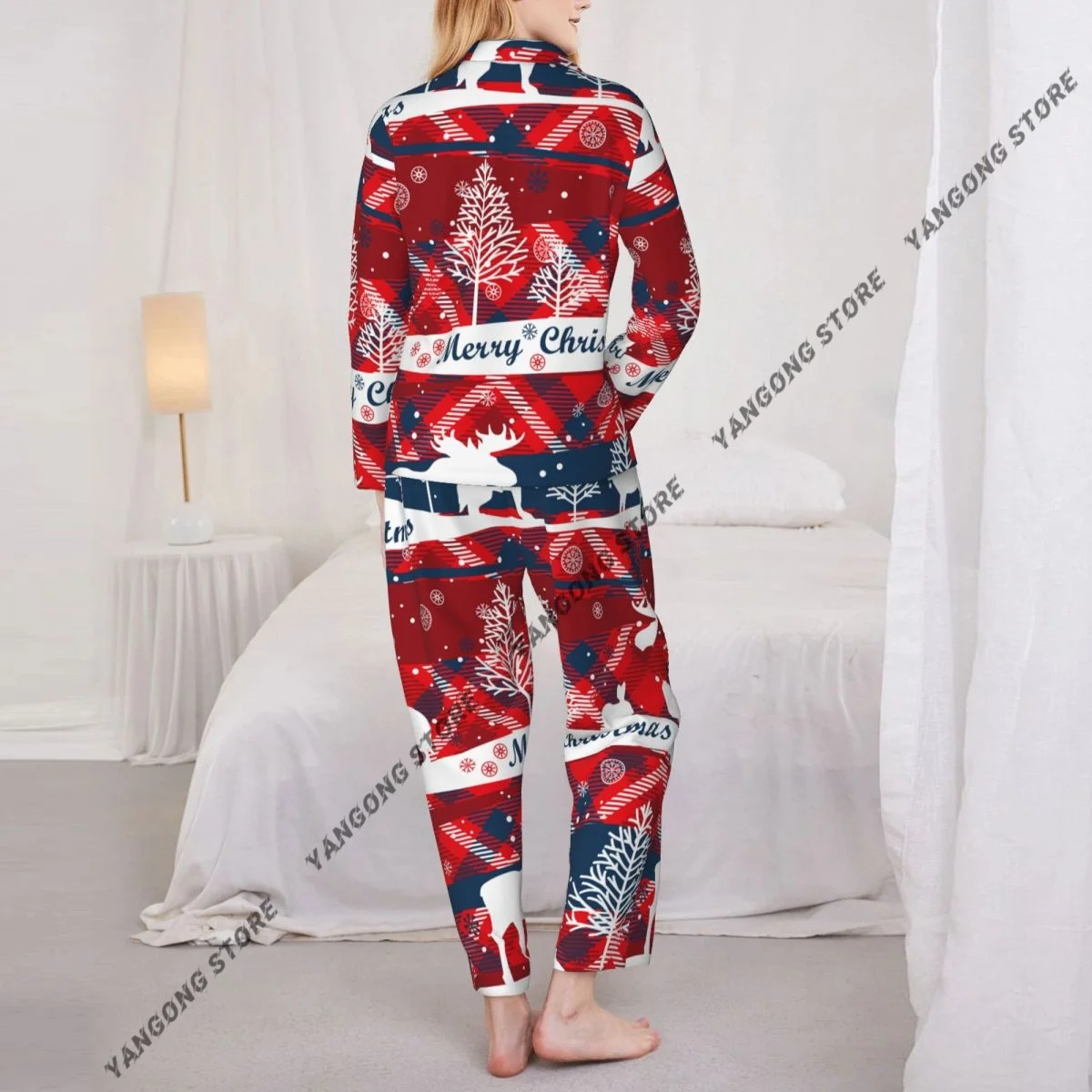 عيد ميلاد سعيد سنة جديدة سعيدة نمط المرأة منامة المتسكعون قطعتين ملابس خاصة زر أسفل كم كامل طويل منامة مجموعة #5