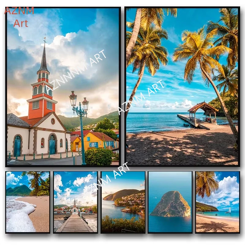 Modern Blue Sky Ocean Beachside Island Martinique Life Poster Canvas Painting Fantasy Landscape Wall Art Room Home Decor