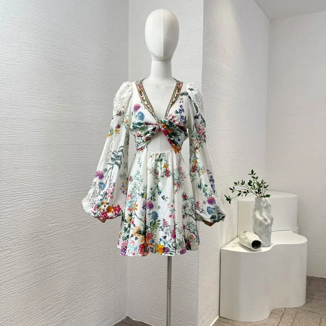 

2024 New Summer Linen Cross Tie Waist Diamonds Hollow Out Floral Print Lantern Sleeve Women Vintage Multi-color Mini Dress