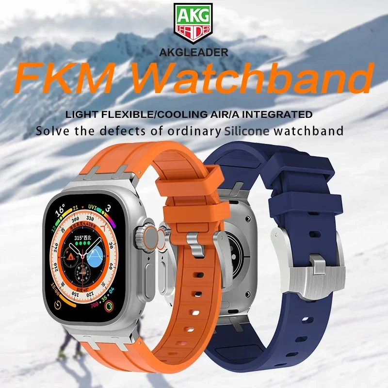 

AKGLEADER FKM Ordinary Silicone Watch Band For Apple Watch 8 Ultra 49mm iwatch 8 7 45mm/Series 6/5/3/2 42mm Bracelet Strap