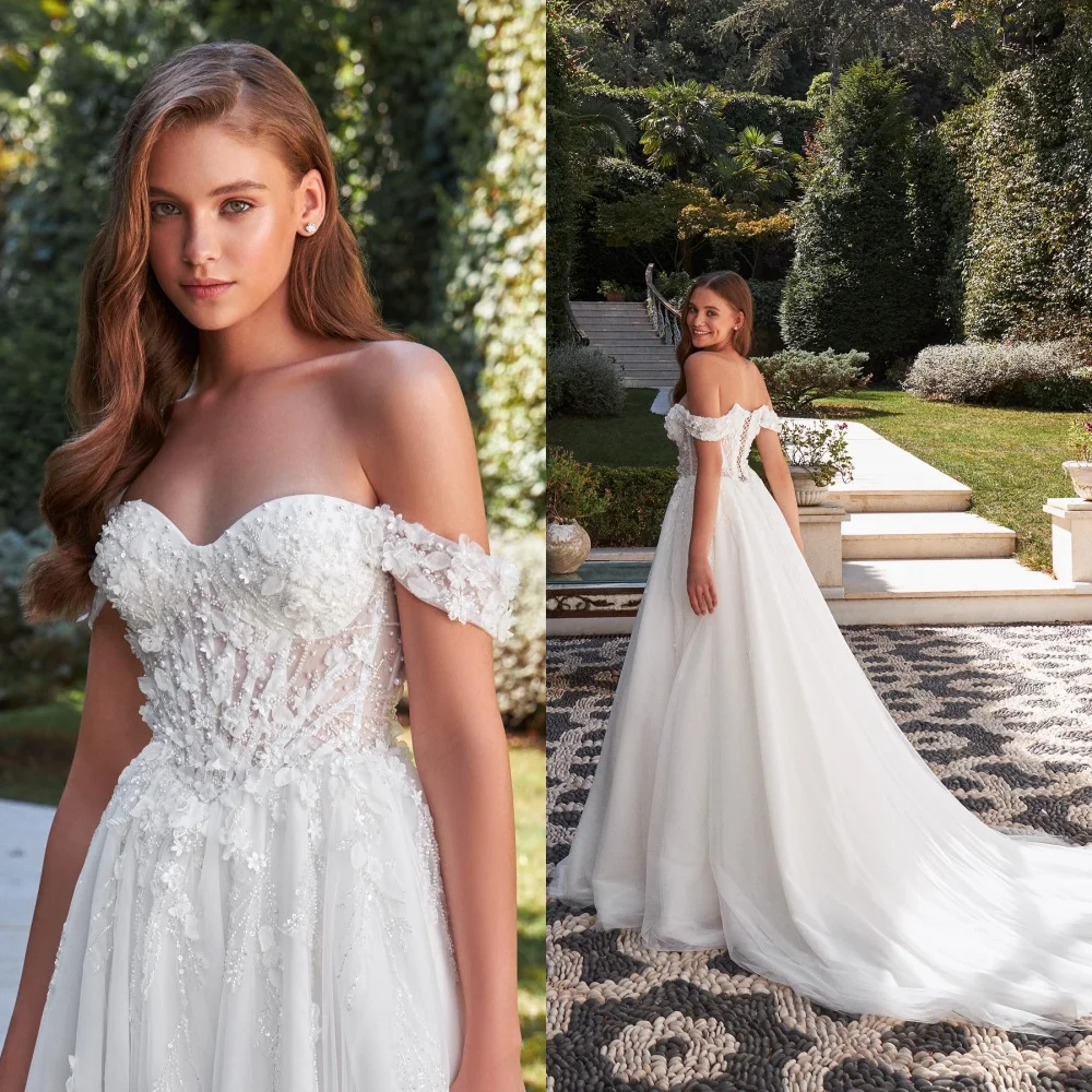 맞춤형 절묘한 흰색 Strapless 오프 어깨 짧은 소매 웨딩 드레스 우아한 채플 트레인 Backless Bridal 가운