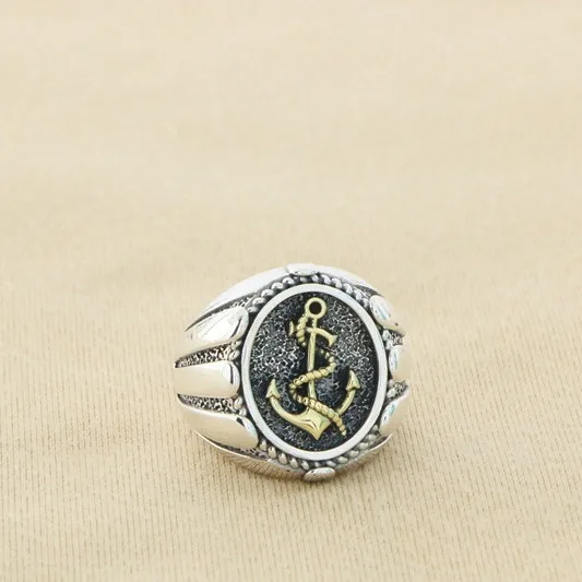 

S925 Sterling Silver Ring Fashionable and Personalized Retro Thai Silver Scout Flower Open Ring Boat Anchor Pattern Men's and Wo