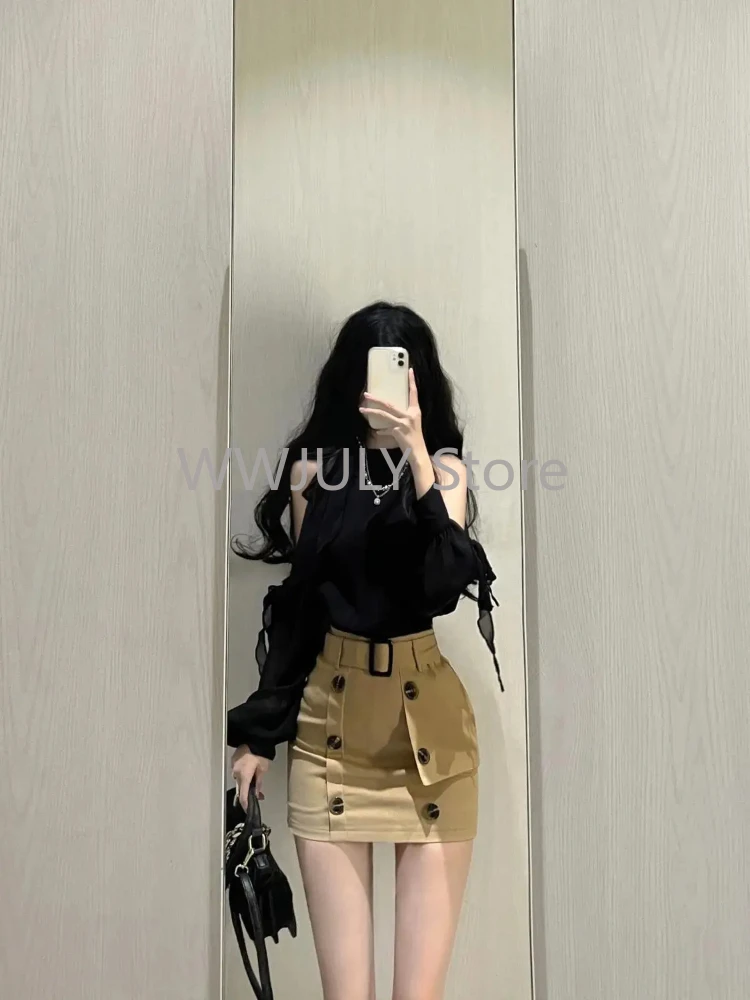 2024 New French Elegant 2 Piece Skirt Sets Women Office Lady Korean Fashion Suits Y2k Black Blouse + Mini Skirt Vintage Party