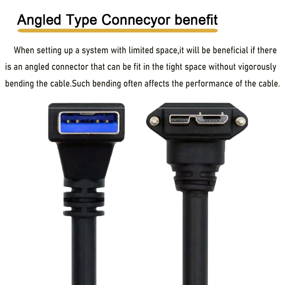 Câble USB 3.0 vers Micro USB 3.0 avec vis, câble de panneau à vis coudé haut et bas, câble de verrouillage coudé haut et bas, résistant à 90, AM MicroB, 0.25m