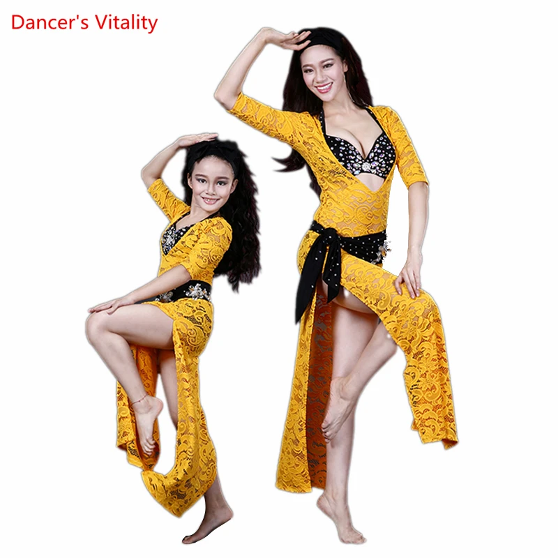 Belly Dance Performance Costume Suit for Children Bellydance Robe+headdress+Bra+Belt 4pcs Baladi Shaabi Oriental Dance Robes