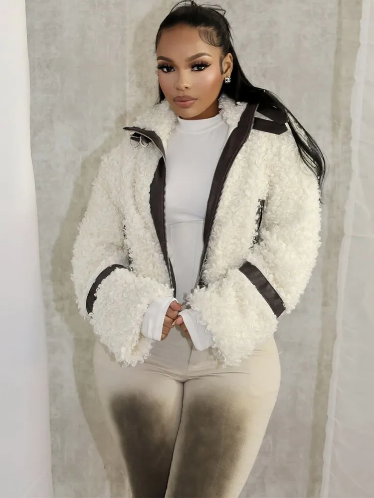 

BKQU Winter Leather Patchwork Fleece Jacket Women Casual Stand Collar Long Sleeve Zipper Warm Slim Coats Fashion Street Outwears