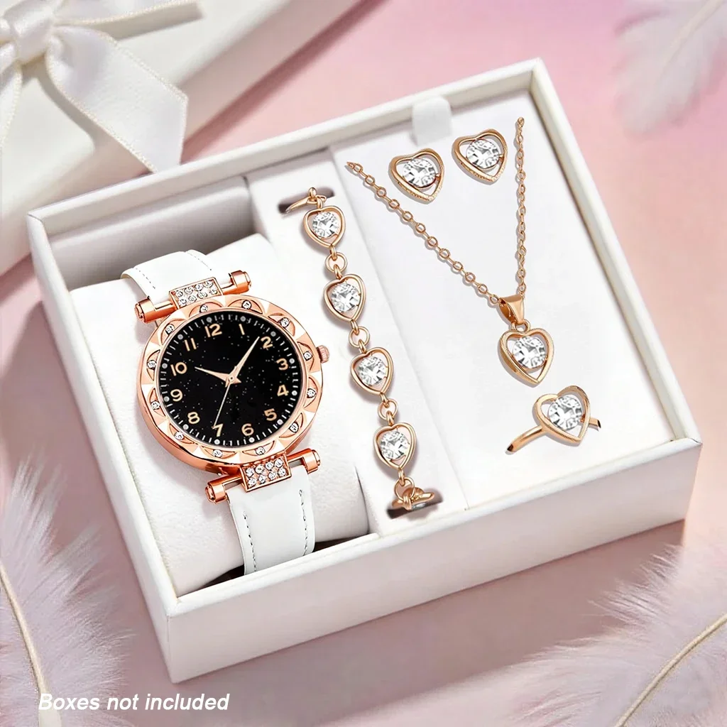 6PCS Sweet, Simple, Fashionable Women's Watch PU Leather Strap Quartz Watch with Necklace Accessories Set