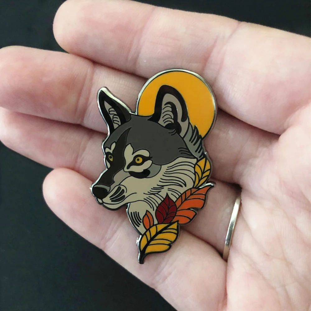 Cartoon Moon Wolf Autumn Fallen Leaves Hard Enamel Pin Handsome Grey Wolf Animal Metal Brooch Accessories Fashion Badge Jewelry