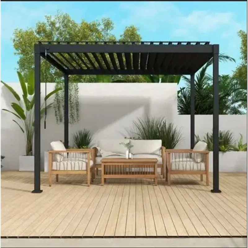 Modern Motorized Aluminum Alloy Pergola Adjustable Waterproof Louvers Customized Dimensions Powder Coated LED Lighting