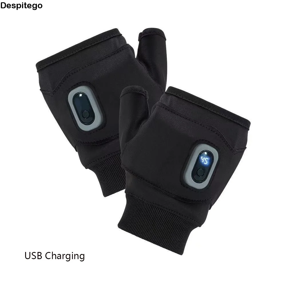 1Pair Fingerless Heating Gloves Thermal 3-speed Adjustable Electric Heated Gloves Temperature Contro USB Rechargeable