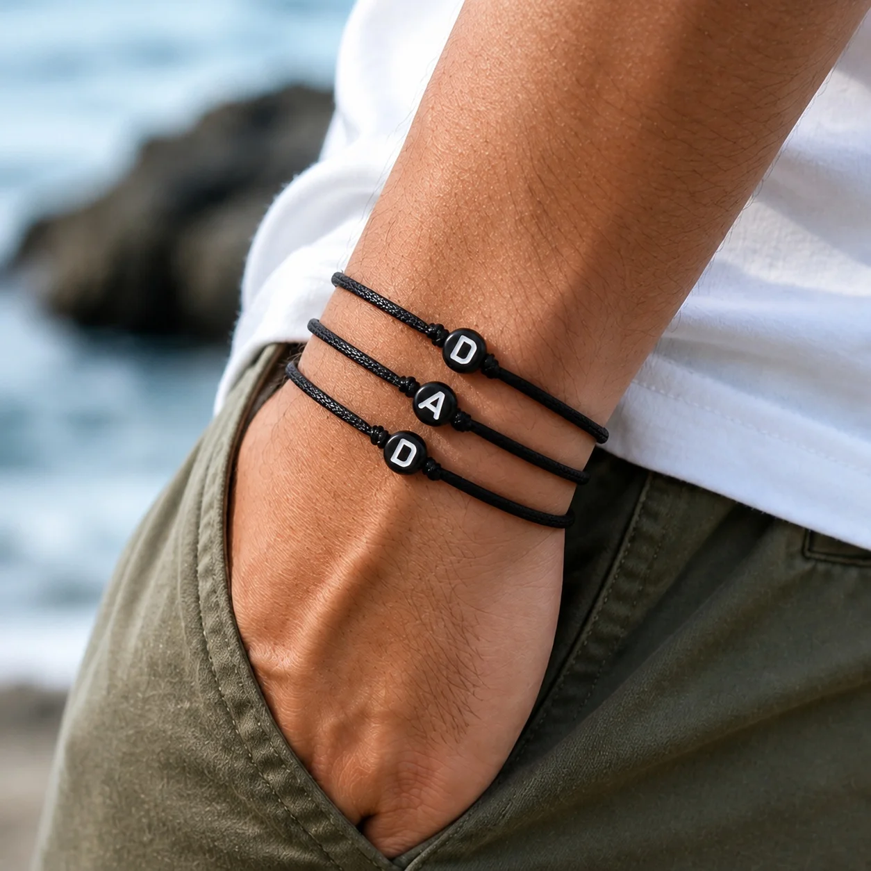 Pulsera de doble hilo con cuentas de letras para hombre, cordón de hilo negro, con nudo deslizante ajustable, estilo casual deportivo, 3/6 piezas