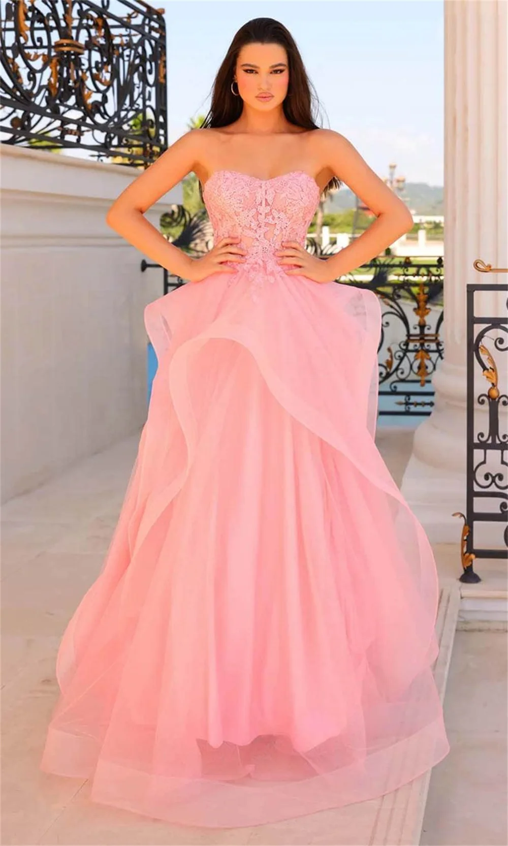 Amanda-Pink Lace Apliques Prom Vestidos, Strapless Edge Curl, Sem mangas, Andar de comprimento, Vestido de noite formal