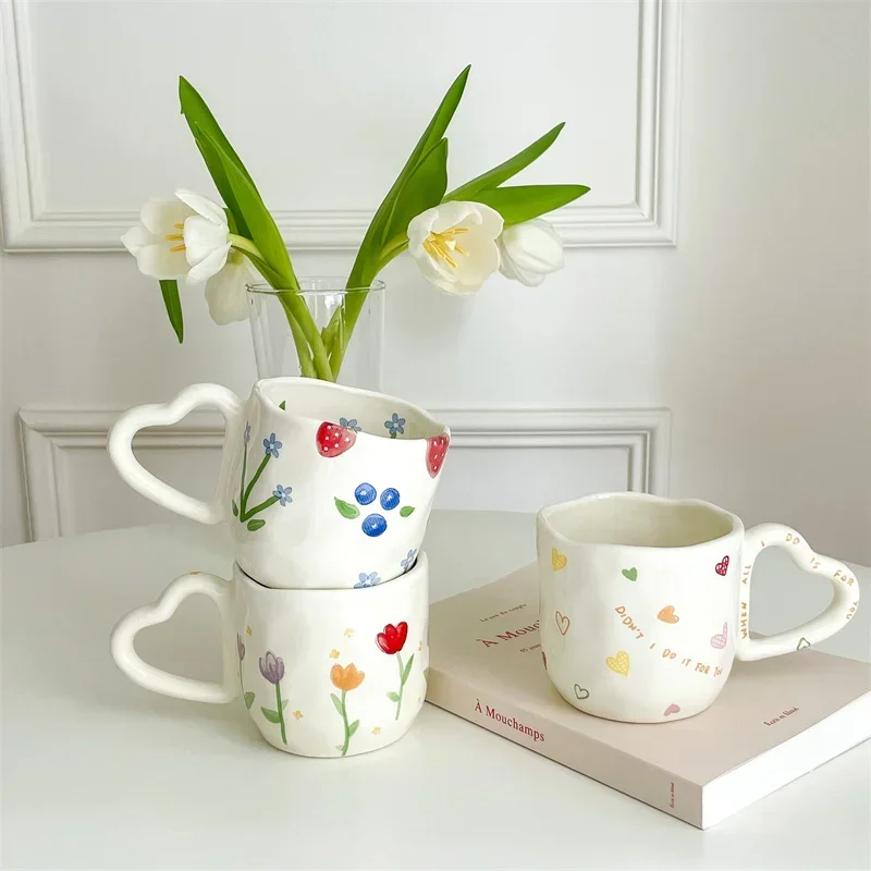 350ml Creative Ceramic Coffee Mug Ins Style Hand Painted Floral Hearts Hand Pinched Irregular Tea Milk Cup Breakfast Oatmeal Mug