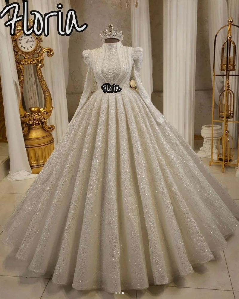 2024年ラグジュアリービーズロングスリーブウェディングドレスブライダルガウンロングチャペルトレインエレガントハイネック花嫁ドレスウェディングドレス