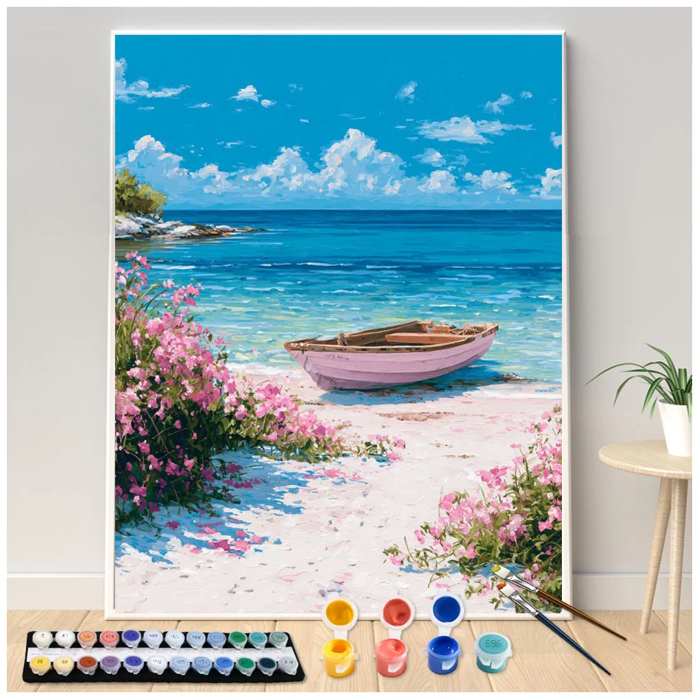 Painting by Numbers Kit DIY Small boats on a pink flower beac Canvas Art Hand Painting Home Decoration Personality Surprise Gift