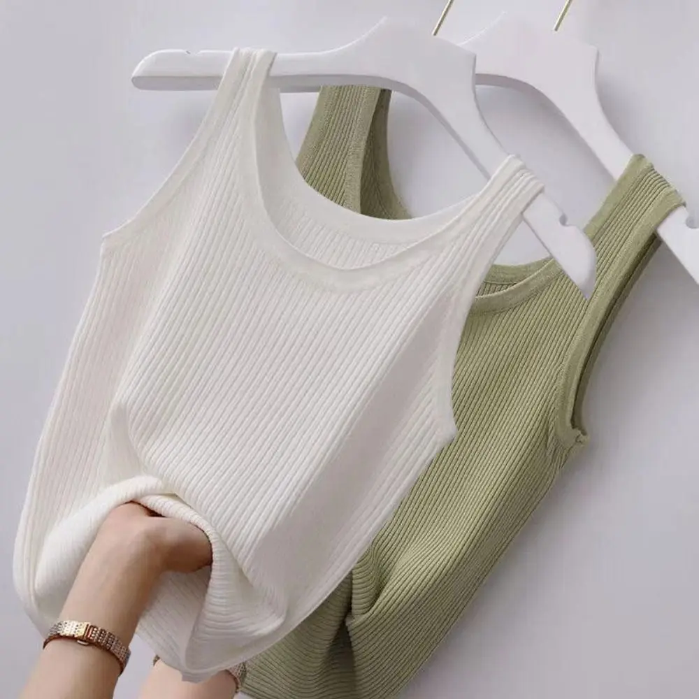 Summer Camisole Spring Knitted Tank Round Neck Crop Tops Sexy Sleeveless Camisole Solid Color Polyester Basic Top Streetwear Tee