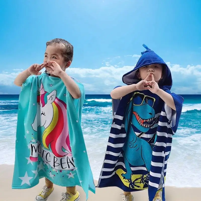 

New Cartoon Printed Hooded Beach Towel Cloak For Boys Girls Kids Quick Dry Sunscreen Microfiber Absorbent Children Swimming Robe