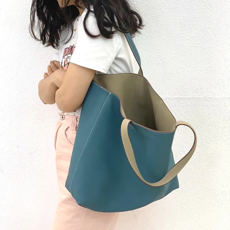 Genuine Leather Tote Bag for Women, Large Capacity Shopping Bag, Head Layer Buckle, Large Capacity, Inside and Outside, Fashion