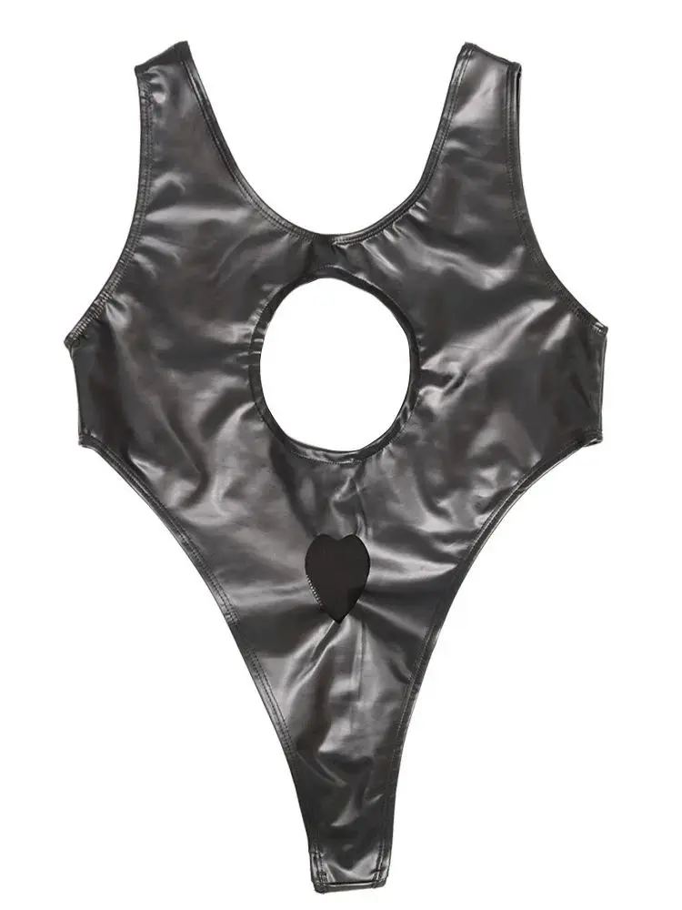 

S-3XL эластичный комбинезон из искусственной кожи из искусственного латекса, боди на бретелях с вырезом на груди, колготки Sukumizu с высоким вырезом, сексуальный купальник
