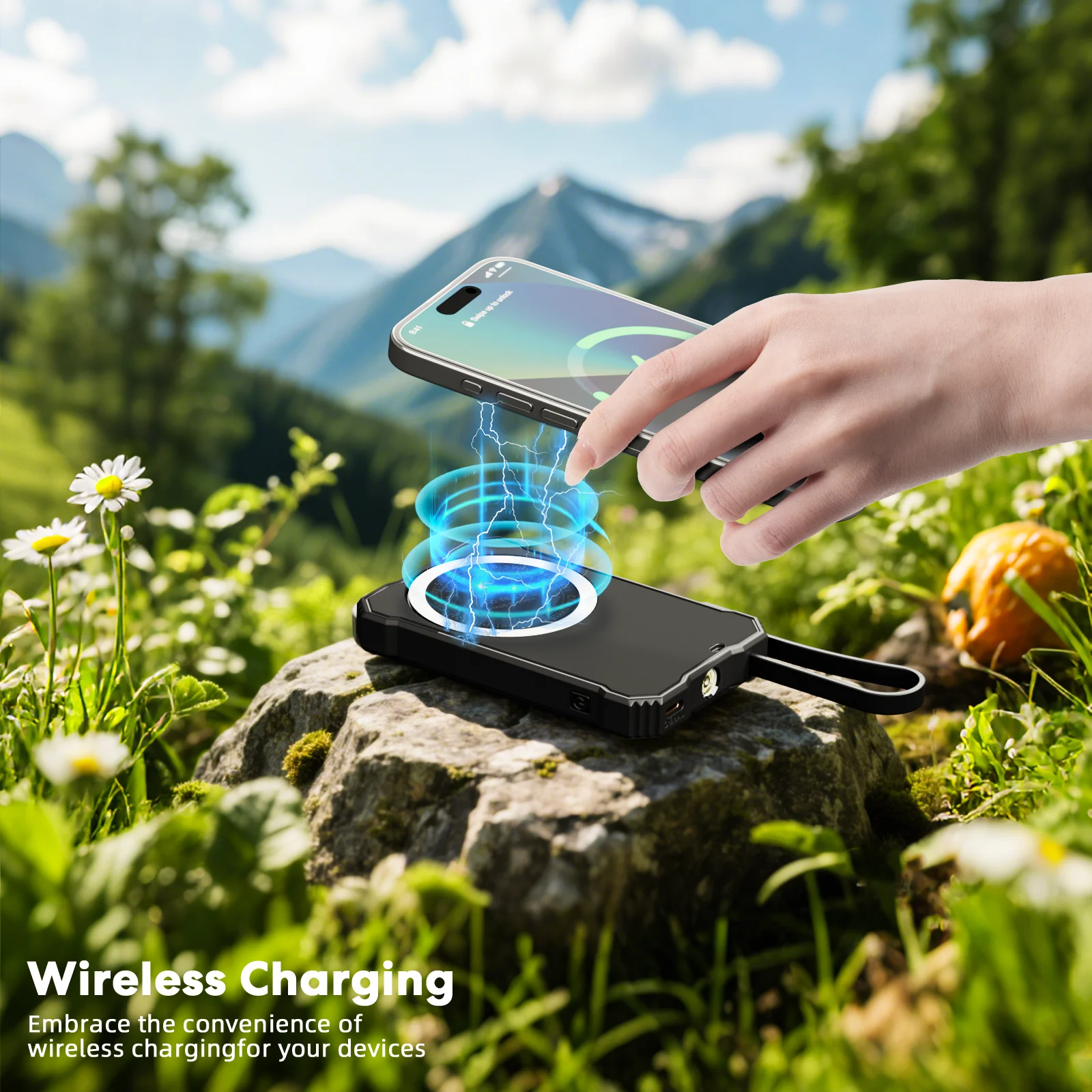 بنك طاقة شمسية لاسلكي مغناطيسي 15 وات بقدرة 5000 مللي أمبير في الساعة/لوحة رباعية قابلة للفصل، 3x Type-C + USB شحن سريع 14 وات مناسب للتخييم في الهواء الطلق