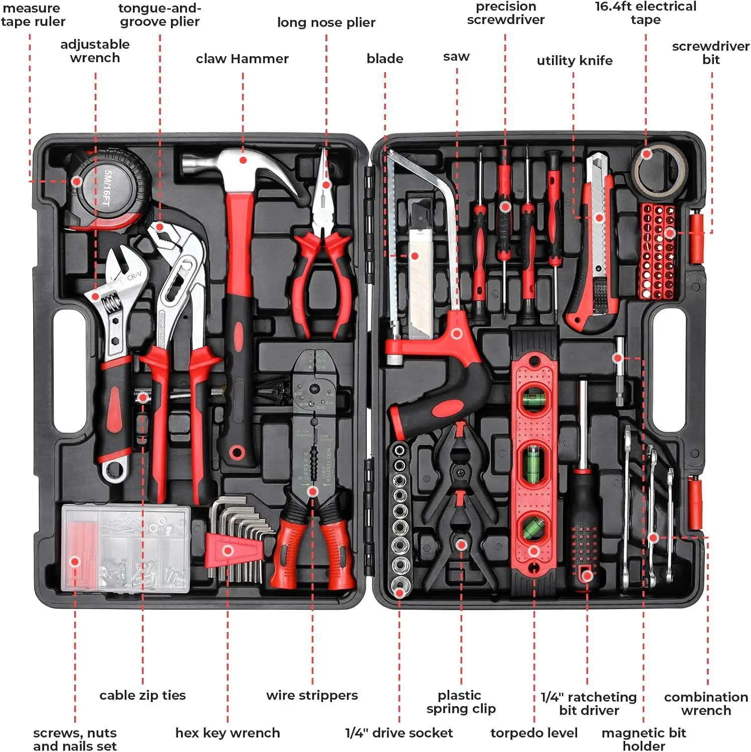 218PCs Complete Household Tool Set Essentials Repair Portable Toolbox Wide Range Use Furniture Plumbing Outdoor Garden Metal TPR