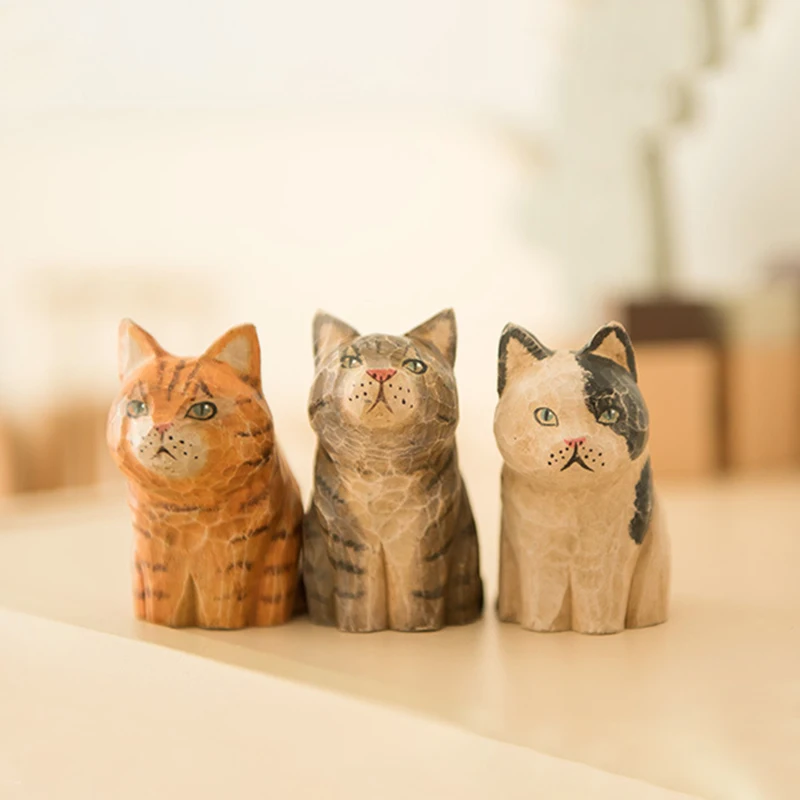 1Pcs Vintage Wooden Carved Cat Ornament Mini Painted Cartoon Cat Animal Figurines Miniatures Tabletop Decoration Crafts Gifts