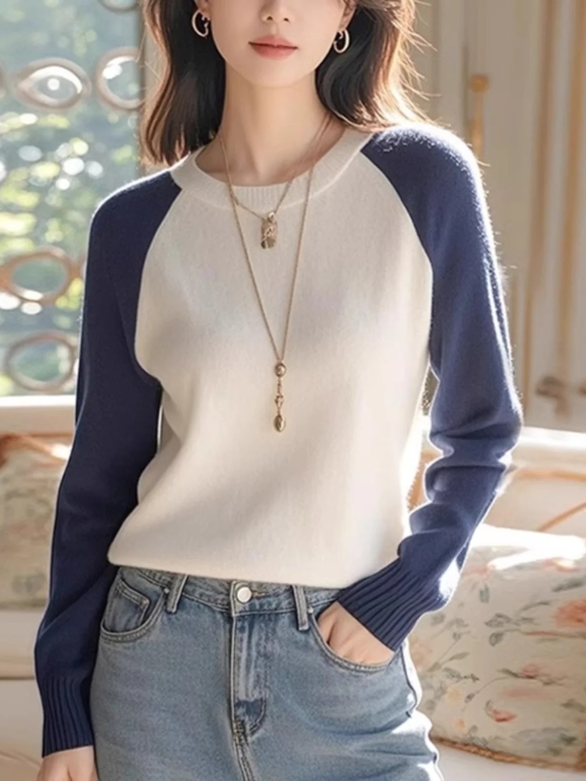 Maglione lavorato a maglia Ne Thiened rotondo con giuntura bianca blu da donna Sle Faionable Top invernale vestibilità ampia lunga Sve Crew Ne